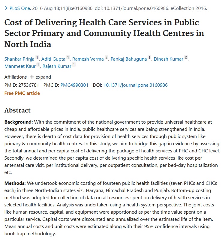 Cost of Delivering Health Care Services in Public Sector Primary and Community Health Centres in North India